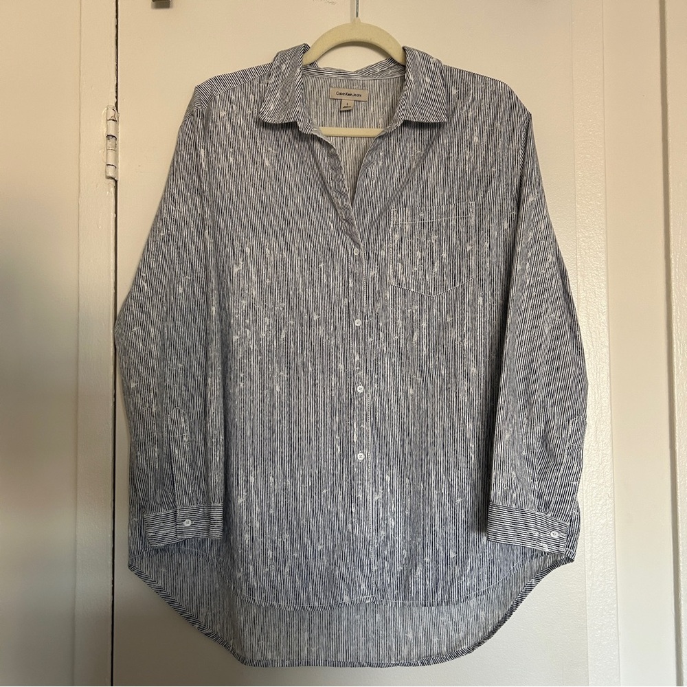 Calvin Klein Jeans Striped Button Down Shirt in Navy & White (Size Large)